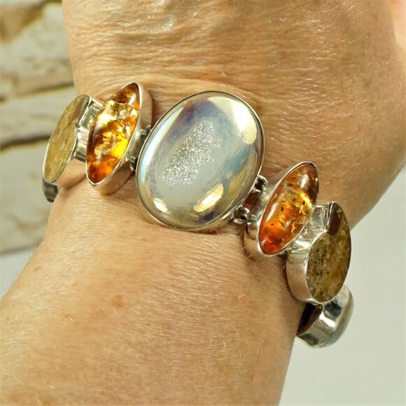 Rare Multi Stone 925 Silver Link Toggle Bracelet With Amber Ammonite Druzy MOP - Picture 2 of 16